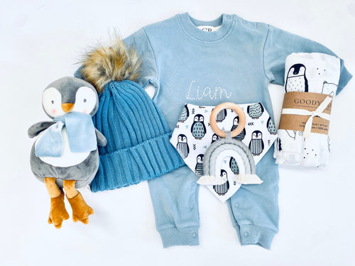 Newborn Baby Boy Gift, Christmas Baby Gift, Penguin Themed Baby Gift, Baby Boy Gift Basket, Care Package For Baby, Personalized Baby Blanket