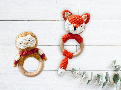 Crochet Baby Rattle, Fox Rattle, Owl Rattle, Handmade Baby Gift, Knit Baby Rattle, Woodland Themed Baby Gift